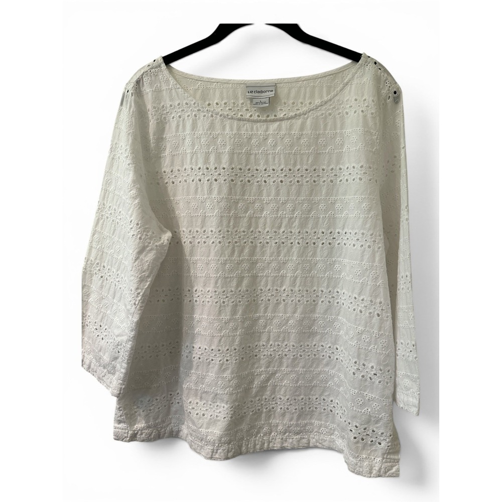 White Eyelet Cotton Blouse L Boho Peasant Cottage Coastal Top